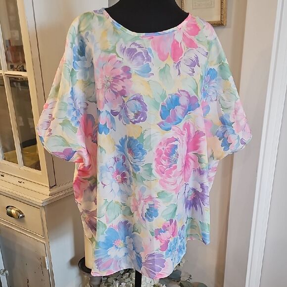CALIFORNIA CONNECTION Vtg Satin Floral Cottagecore Blouse Sz‎ 24 Whimsical Fairy - Picture 1 of 5